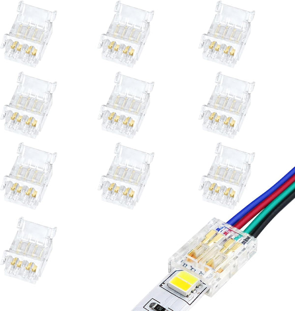 LightingWill RGB LED Connectors 4Pin 10mm, 10 PCS Strip to Wire Connector Transparent