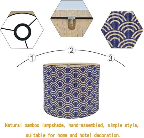 Generic 11.8 9 Inch Modern Bamboo Drum Lamp Shade with Blue Art Deco Pattern, Table and Floor Lamp Shade, x
