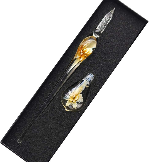 Crystal Glass Intarsia Dip Pen Kit, Vintage Calligraphy Fountain Pen, Yellow