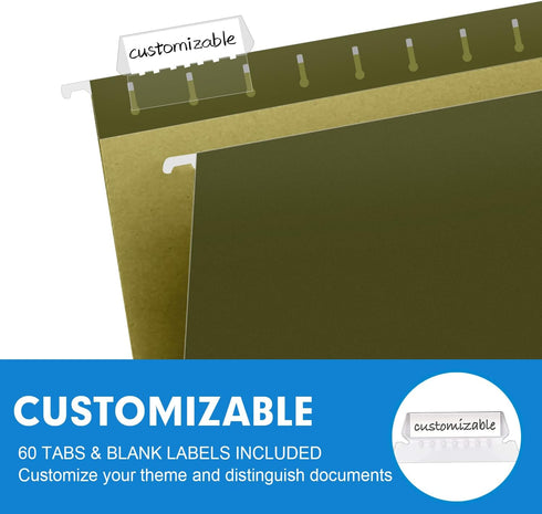 Extra Capacity Hanging File Folders, RAZCC 60 Pack Letter Size Reinforced Hanging Folders with Heavy Duty 2 Inch