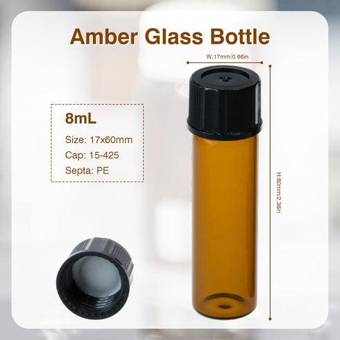 2 Dram Amber Glass Vials, Small Liquid Sample Vial,17X60 mm 8ml Borosilicate Glass Empty Vials with Caps, 15-425 Black Screw Caps with PE Liner, Pack of 20