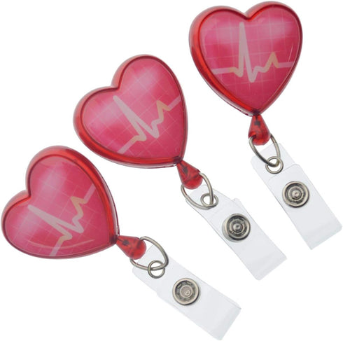 Specialist ID Heart Shaped EKG Badge Reels - 3 Pack, Retractable Cardiac Badge Reel with Alligator Swivel Clip for