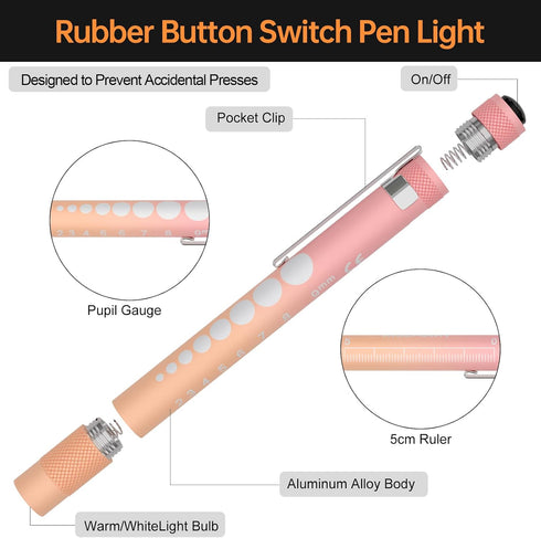 2-Pack RISEMART Pen Light for Nurses Medical Penlight with One-Button Switch for White & Warm Light, Portable Tool
