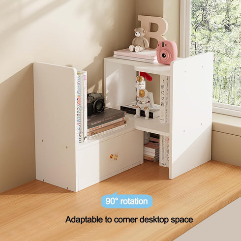 Expandable Wood Desktop Bookshelf, Freestyle Adjustable Display Desk Shelf for Office & Home Storage (White)