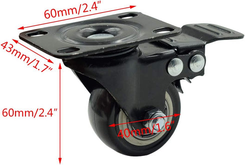 4Pcs 1.5 Inch Swivel Caster Wheels, Rubber Base with Brake & Top Plate & Bearing Heavy Duty, Loading 50kg/110lbs Black Rubber