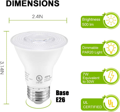 7W Par20 LED Bulb (50W Equivalent), UL Listed, 5000k Daylight White Dimmable Flood Bulbs Lights, 500 Lumens, E26 Base, Recessed Lighting for Indoor Outdoor, 6 Pack by LightingWill