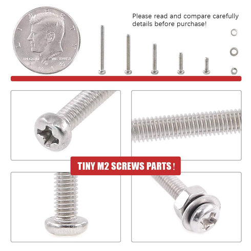 Hilitchi 300-Piece M2 Phillips Pan Head Screws, Bolt Nut Lock Flat Washers Assortment Kit, 304 Stainless Steel