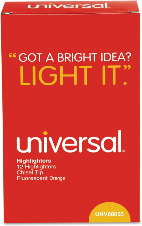 Universal Pocket Highlighters, Fluorescent Orange Ink, Chisel Tip, Orange Barrel, Dozen