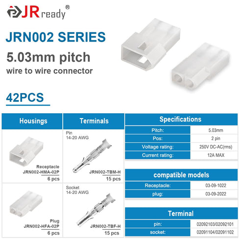 JRready ST6415 Standard.093" Pin and Socket Power Connectors 2 Circuits (6 Matched Sets), 14-20 AWG, Compatible with Molex Standard.093" 2 Pin Male& Female Connector, 5.03 mm Pitch, Free Hanging