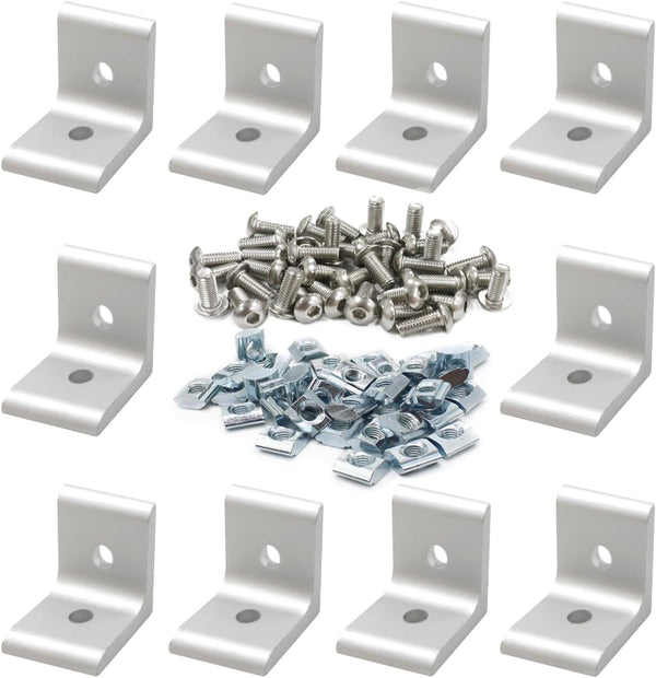 10 Sets 1" x 1" Aluminum Extrusion Profiles Corner 1010 Series Angle Bracket Connector with M6 T Slot Nuts