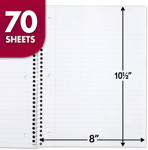 Mead Spiral Notebook, 4 Pack, 1-Subject, Wide Ruled, 70 Sheets per Notebook, 7-1/2" x 10-1/2", Colors Vary (72873)