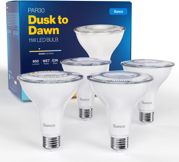 Sunco 4 Pack PAR30 LED Dusk to Dawn Light Bulbs, 850 Lumens,