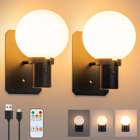 KSNALUX Black LED Wall Sconces Set of Two Round Wall Lamp with Remote