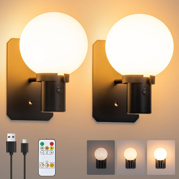KSNALUX Black LED Wall Sconces Set of Two Round Wall Lamp with Remote