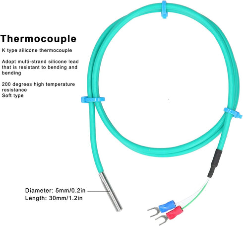 K Type Thermocouple, Waterproof Silicone Temperature Sensor with Soft Cable, Green 5x30mm Stainless Steel Probe