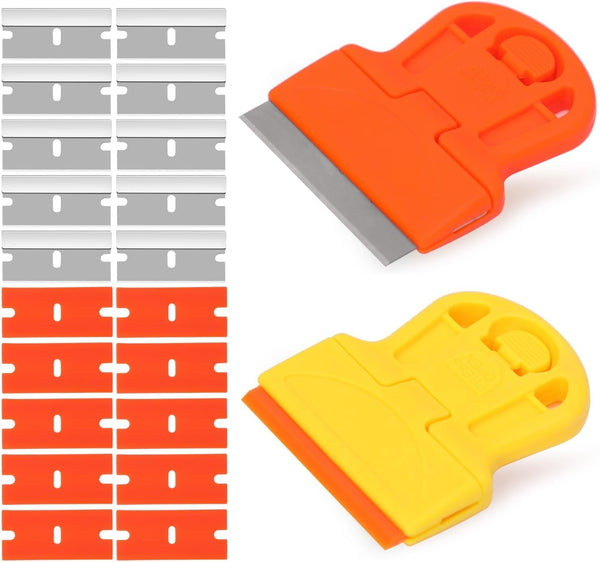 2 Pack Razor Blade Scraper Tool with 10 Plastic and 10 Metal Blades for Removing Adhesives