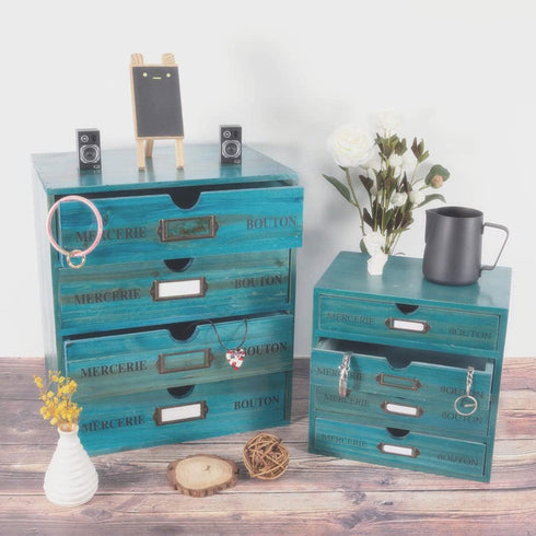 Wooden Storage Box with 4 Drawers, Vintage Office Supplies Organizer, Rustic Jewelry Box (BLUE)