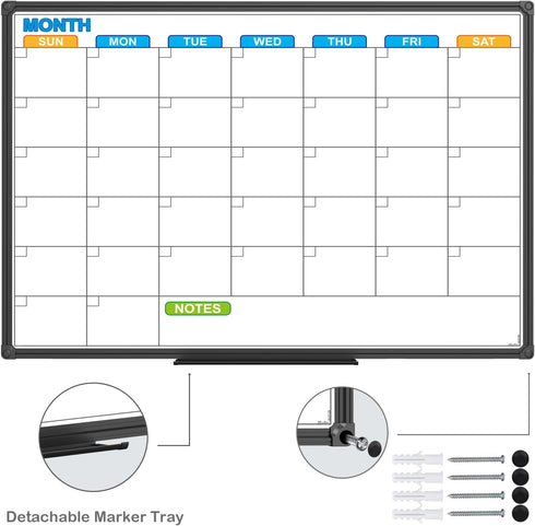 JILoffice Magnetic Dry Erase Calendar Whiteboard - Monthly 24 x 18 Inch, Black Aluminium Frame for Office & Home