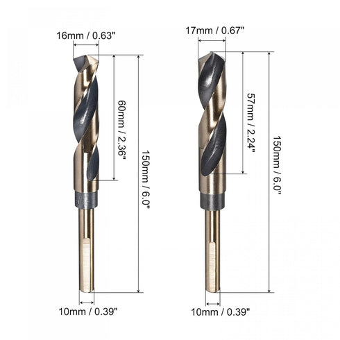 uxcell Reduced Shank Drill Bit Set, 16mm 17mm Titanium Nitride Coated High Speed Steel 4341 Tri-flat Shank Drilling Tool for Stainless Steel Alloy Copper, 2pcs