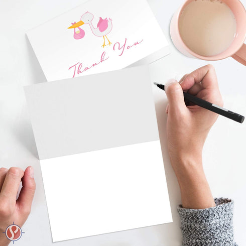 Baby Girl Pink Stork Thank You Greeting Cards, 25 Pack with Envelopes, Baby Shower Invitation Celebratory Gift Cards –
