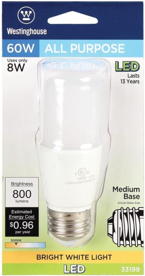Westinghouse 3319920 60-Watt Equivalent T7 Bright White LED Light Bulb, Medium Base, 4 Count