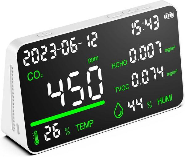 CIS 7-in-1 Air Quality Monitor, Indoor Humidity Monitor, Temperature, CO2, TVOC, HCHO, Time,