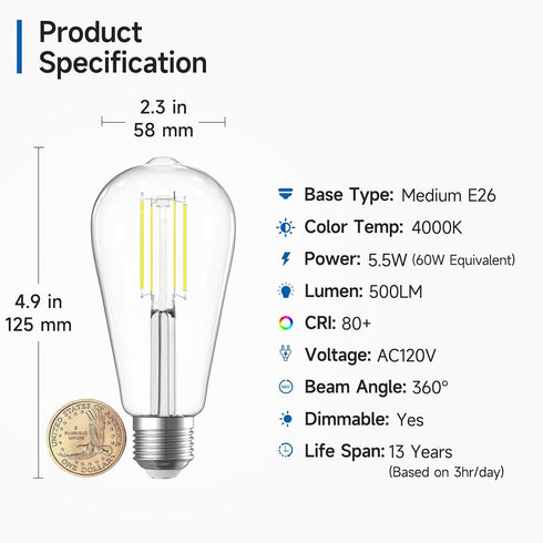 SHINESTAR E26 LED Bulb 60 Watt Dimmable, 4000K Bright White, Edison Light Bulbs for Bathroom Vanity, 4-Pack by SHINESTAR