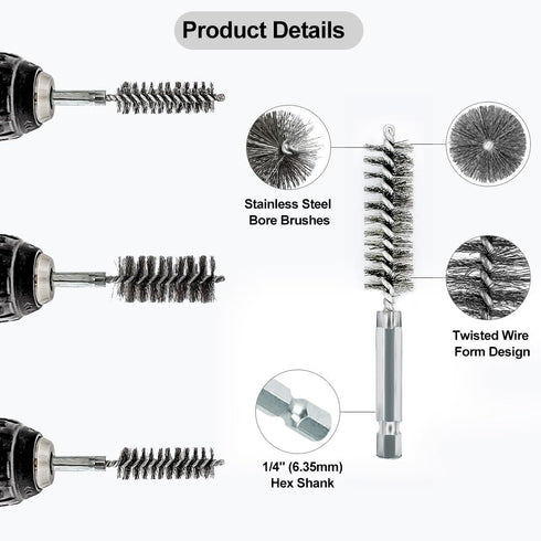 ASNOMY 5Pcs 5/8" Stainless Steel Bore Brush, Wire Brush Set for Power Drill Cleaning