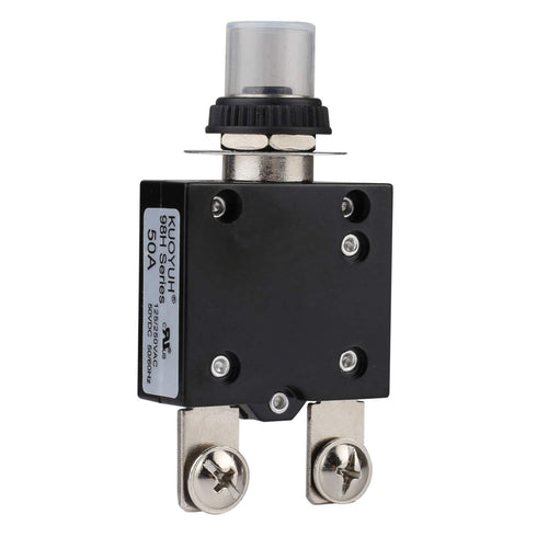 Thermal Circuit Breaker, 98 Series 50A 125/250VAC 32VDC Bottom Screw Push-Button Reset with Quick Connect Terminals