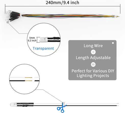 100Pcs 5MM 12V 9.4 Inch/24CM DiCUNO Pre Wired Daylight White LED Diodes, Ultra Bright Light Emitting Diodes Assorted