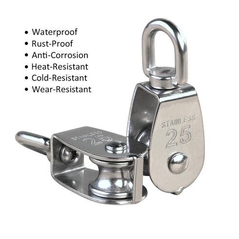 YAMASO 2Pcs 304 Stainless Steel M25 Silver Single Pulley Block - Wire Rope Hanging Towing Wheel