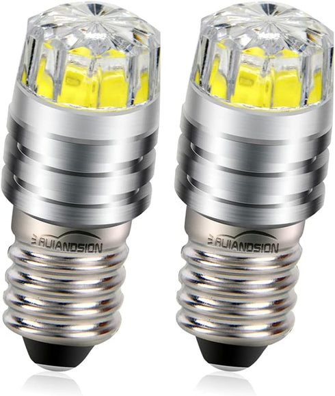 Ruiandsion 2pcs E10 Base LED Upgrade Bulb, 3V COB 2W Replacement for Flashlights, Torch Lights, White