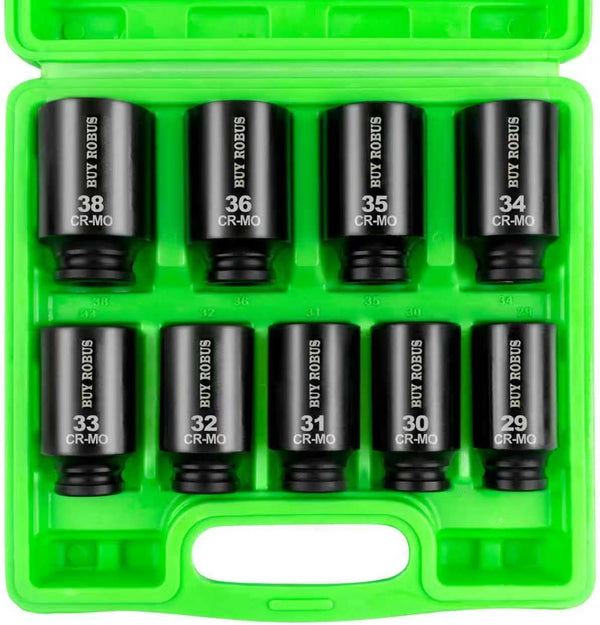 1/2" Drive Impact Socket Set, 9-Piece Metric Deep Axle Nut Sockets, 6-Point,