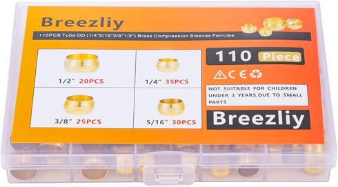 110PCS Brass Compression Fitting Assortment Kit, Tube OD (1/4" 5/16" 3/8" 1/2") Ferrules