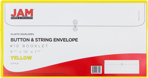 JAM PAPER Plastic Envelopes | Button & String Tie Closure | #10 Business Booklet | 5 1/4 x 10 | Yellow | 12/pack