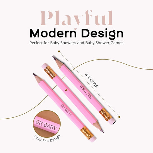 Markt Mini Pink Pencils with Erasers, Baby Shower Games Prizes, Presharpened Bulk Pencils