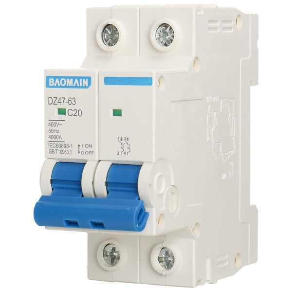 Baomain Miniature Circuit Breaker, 2 Pole DZ47-63 C20 AC 230V 20Amp 400V, DIN Rail Mounting MCB