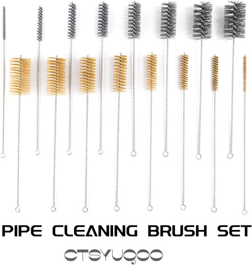 16 Inch Extra Long Pipe Cleaning Brush Set with Brass Bristles, 8 Piece Variety Pack for Auto Parts, Bottles, Guns,