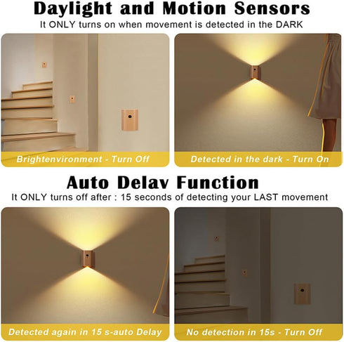 1-Pack 2700K LANDGOO Wood Step Light with Motion Sensor, Rechargeable Stair Night Light, Beech Wood Warm White LED Wall
