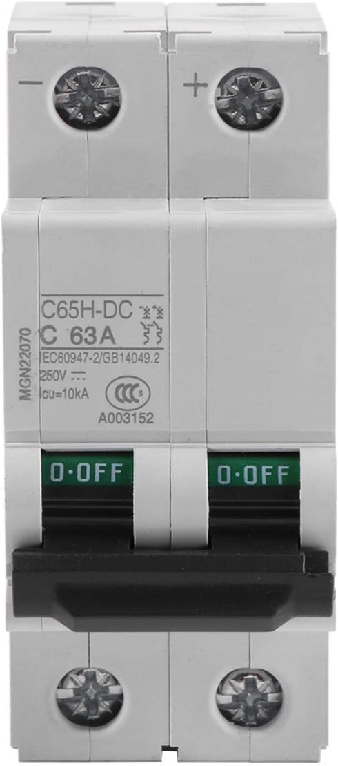 2-Pole Circuit Breaker, 250V DC 2P DIN Rail Mount Miniature Circuit Breaker, 16A/32A/63A 1pc for Solar Panels Grid System Wind, Solar System & Other DC Systems(63A) by xianshi