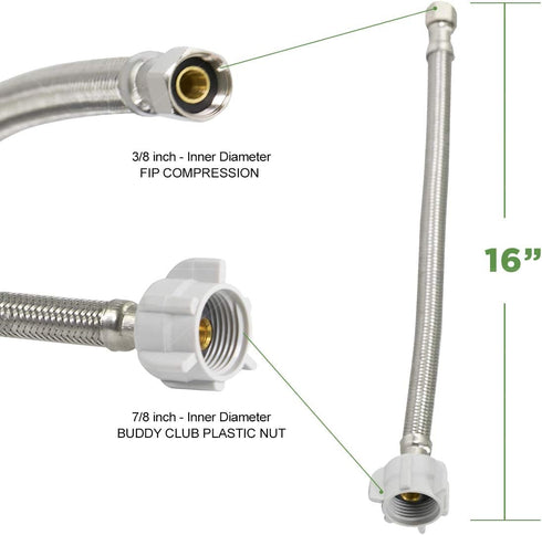 CNCT27416-OM1 16 Inch Braided Stainless Steel Toilet Connector, 3/8 Compression x 7/8 Female Balcock Nut