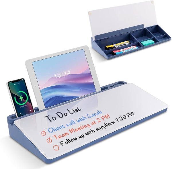 Glass Desktop Whiteboard with Storage, Desk White Board with Keyboard Stand, Drawers for Home, School, Office
