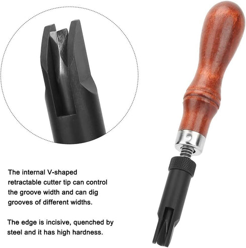 V Type Push Groover, Adjustable Wood Handle Leather Craft Tool for Professional Leather Workers