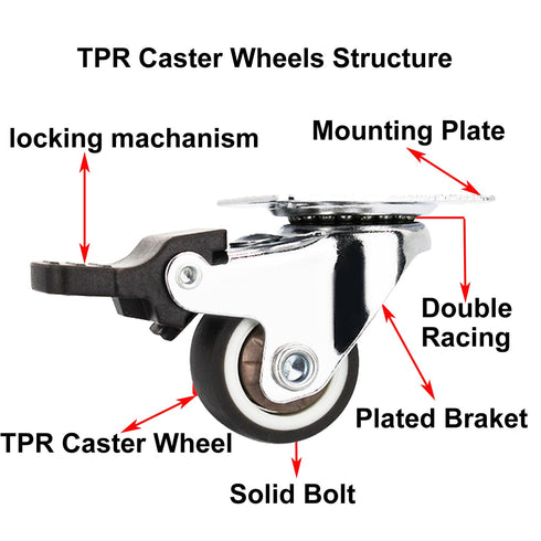 1.5" Caster TPR Wheels 4 Pack with 360 Rotation, Soft Rubber Castors for Furniture, Load Capacity 220 Lbs