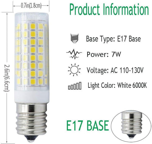 E17 Dimmable LED Bulb, 8W, 80W Halogen Equivalent, 800Lm, 6000K White, for Over Counter Microwave Ovens