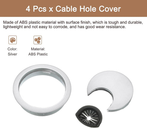 uxcell 4Pcs Cable Hole Cover - 2-3/8 Inch ABS Silver Desk Grommet for Office Computer Wire Organizer