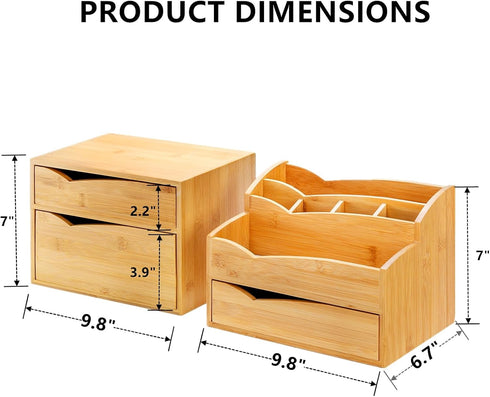 Yopay 2 Pack Bamboo Desk Organizer, Stackable with 3 Drawers, 100% Bamboo for Stationery, Makeup Vanity, Fully Assembled