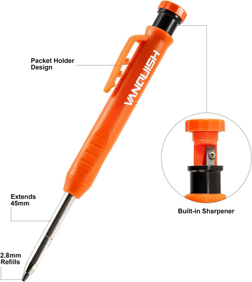 Vanquish 2 Pack Carpenter Pencil with Sharpener Mechanical Pencils Set with 14 Refills Deep Hole Marker Construction Heavy Duty Woodworking Pencils Black 4051 by Vanquish