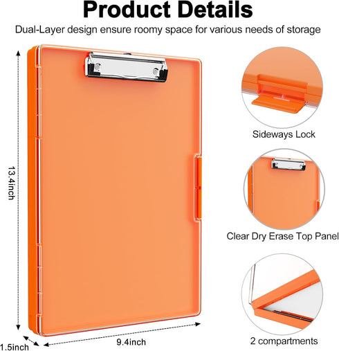 Clipboard with Storage, 8.5x11" Clip Boards with 2 Storage Case and A4 Paper Folder, Clear Dry Erase Top Panel, Heavy Duty Plastic, Folio & Side-Opening, for Nurses, Teachers, Lawers, Orange by Piasoenc