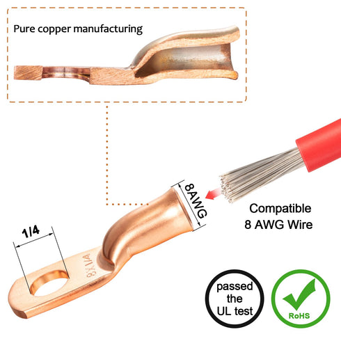 Maxdot 10 Pack UL Test Wire Lugs - 8 Gauge Stud Ring Terminals, Heavy Duty Copper Crimp Lugs for Welding Cable, Bare
